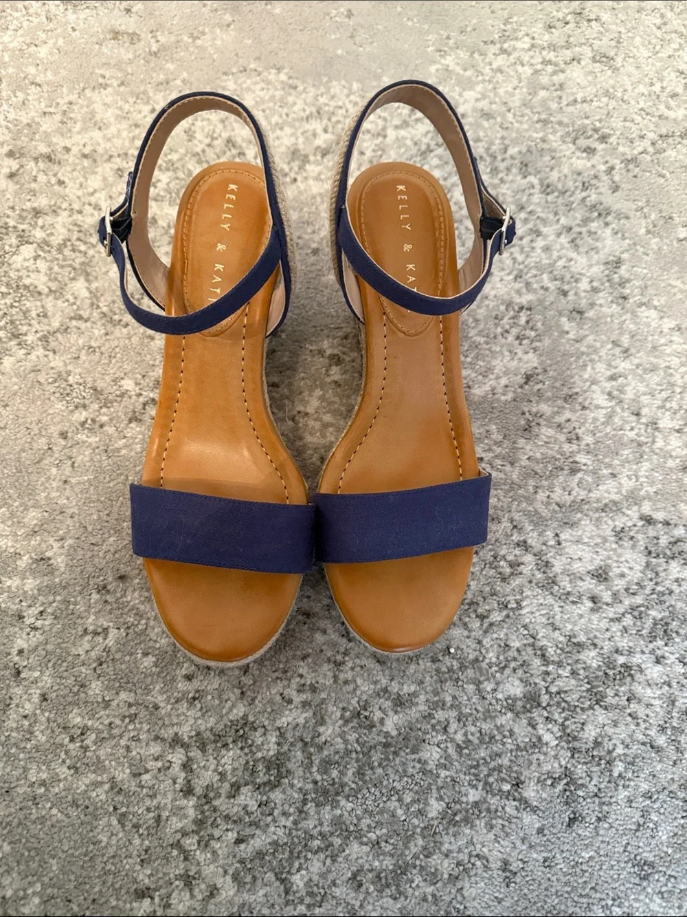 Excellent condition Kelly & Katie Navy and Tan Espadrille Wedge Sandals 9.5